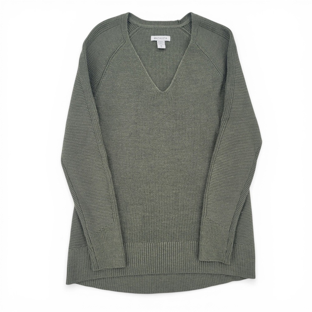Athleta XS Merino Wool V Neck Sweater Olive Green Minimalist Coastal Core